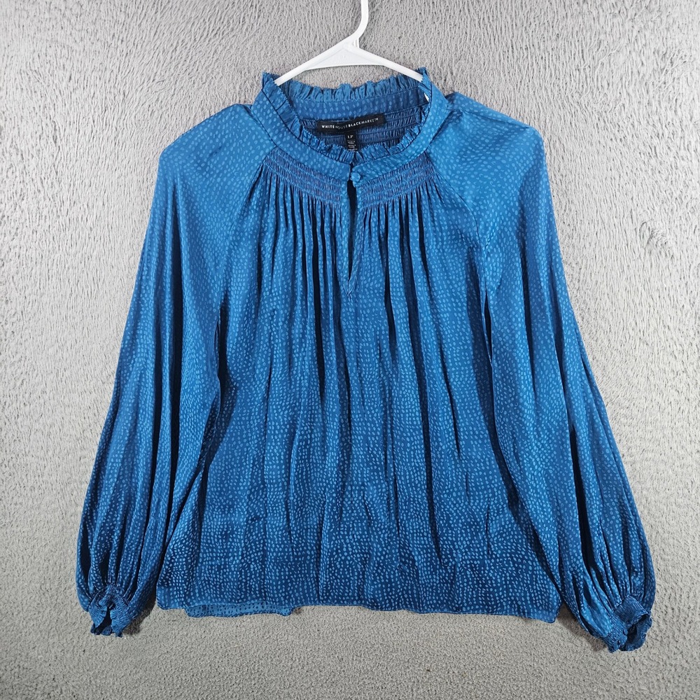 White House Black Market Blue Dot Jacquard Smocked Mock Neck Blouse Petite LP